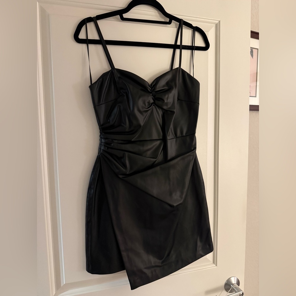 Sleek Zara Black Vegan / Faux Leather Mini Dress with Wrap Detail! Like New!